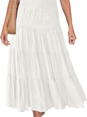 Women's 2024 Summer Elastic High Waist Boho Maxi Skirt Casual Drawstring A Line Flowy Long Skirts