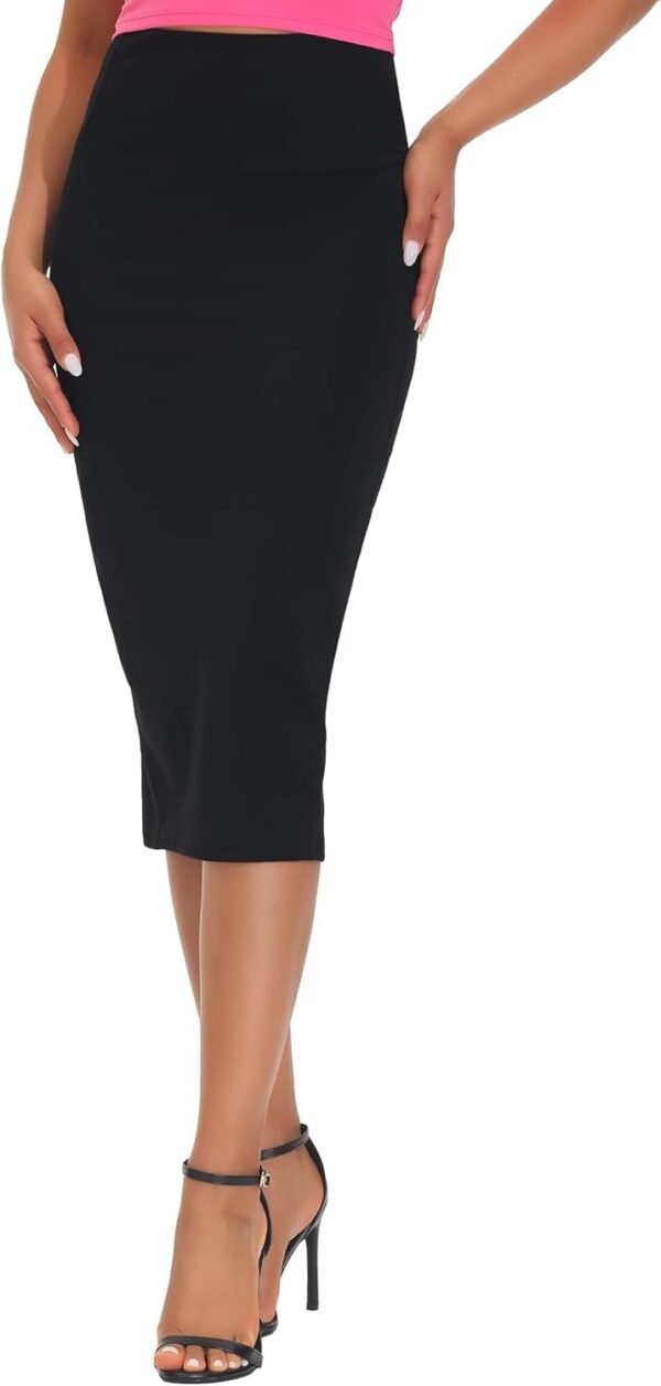 Women's High Waist Tummy Control Pencil Skirts Stretchy Bodycon Midi Skirt below Knee with Back Slit