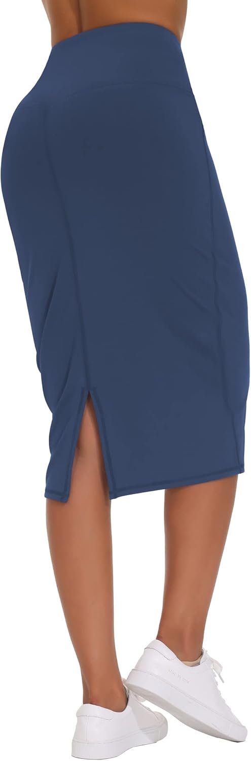 Women's High Waist Tummy Control Pencil Skirts Stretchy Bodycon Midi Skirt below Knee with Back Slit