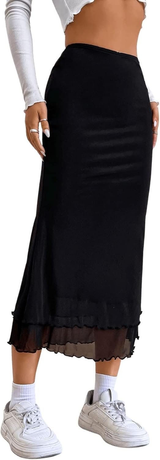 Women's Lettuce Trim High Waist Mesh Fishtail Bodycon Long Skirt