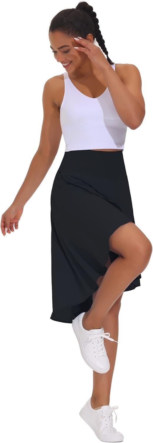 E Women's High Waist Wrap Ruffle Hem Asymmetric Skort High Low Flowy Midi Skirt with Shorts