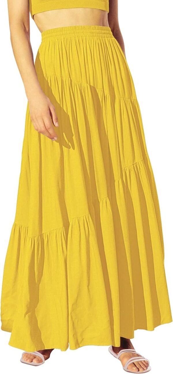Women's Boho Elastic High Waist Pleated A-Line Flowy Swing Asymmetric Tiered Maxi Long Skirt Dress with Pockets