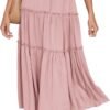 Women's Boho Elastic High Waist A Line Ruffle Swing Beach Maxi Skirt with Pockets