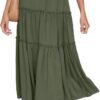 Women's Boho Elastic High Waist A Line Ruffle Swing Beach Maxi Skirt with Pockets