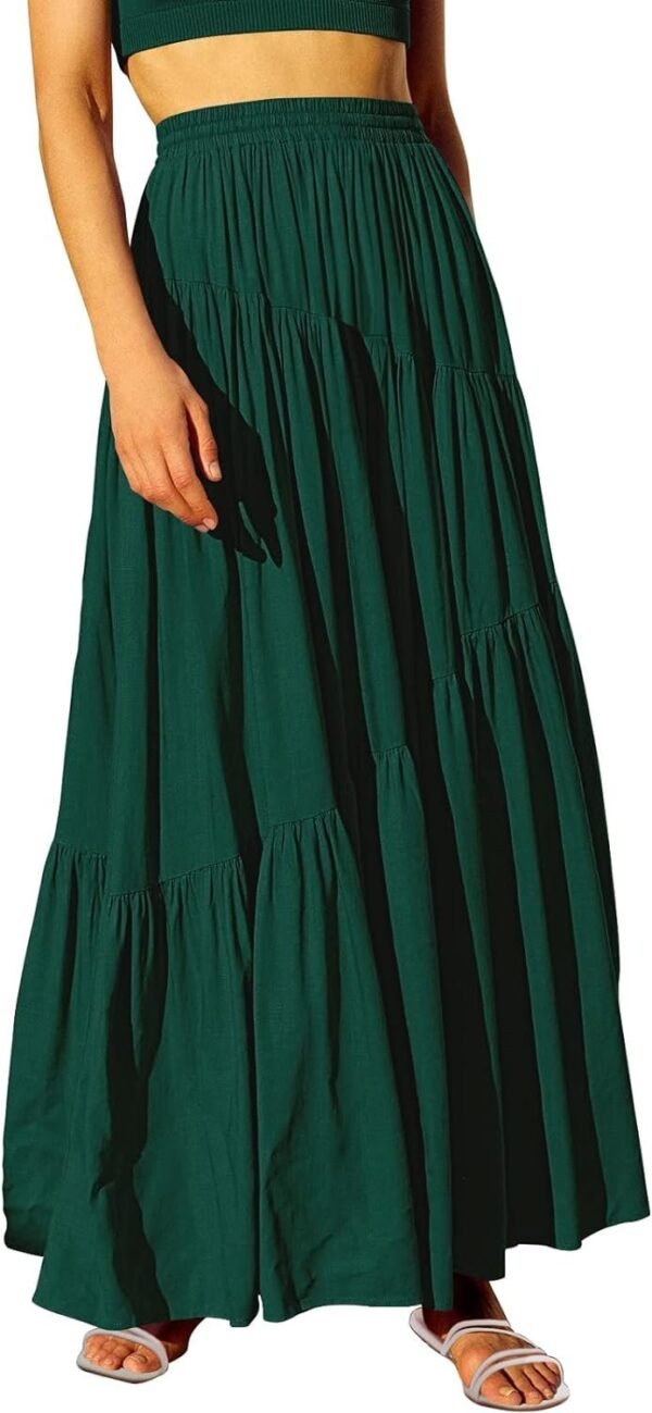 Women's Boho Elastic High Waist Pleated A-Line Flowy Swing Asymmetric Tiered Maxi Long Skirt Dress with Pockets