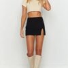 Women's Black Mini Skirts High Waist High Slit Sexy Stretch Fitted Bodycon Mini Skirt