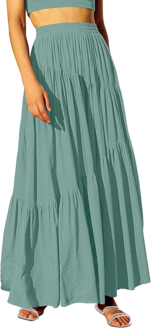 Women's Boho Elastic High Waist Pleated A-Line Flowy Swing Asymmetric Tiered Maxi Long Skirt Dress with Pockets