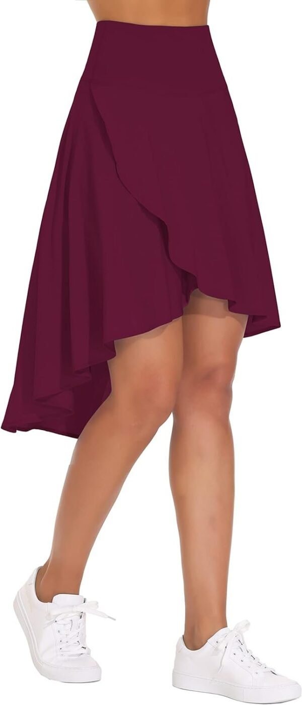 E Women's High Waist Wrap Ruffle Hem Asymmetric Skort High Low Flowy Midi Skirt with Shorts