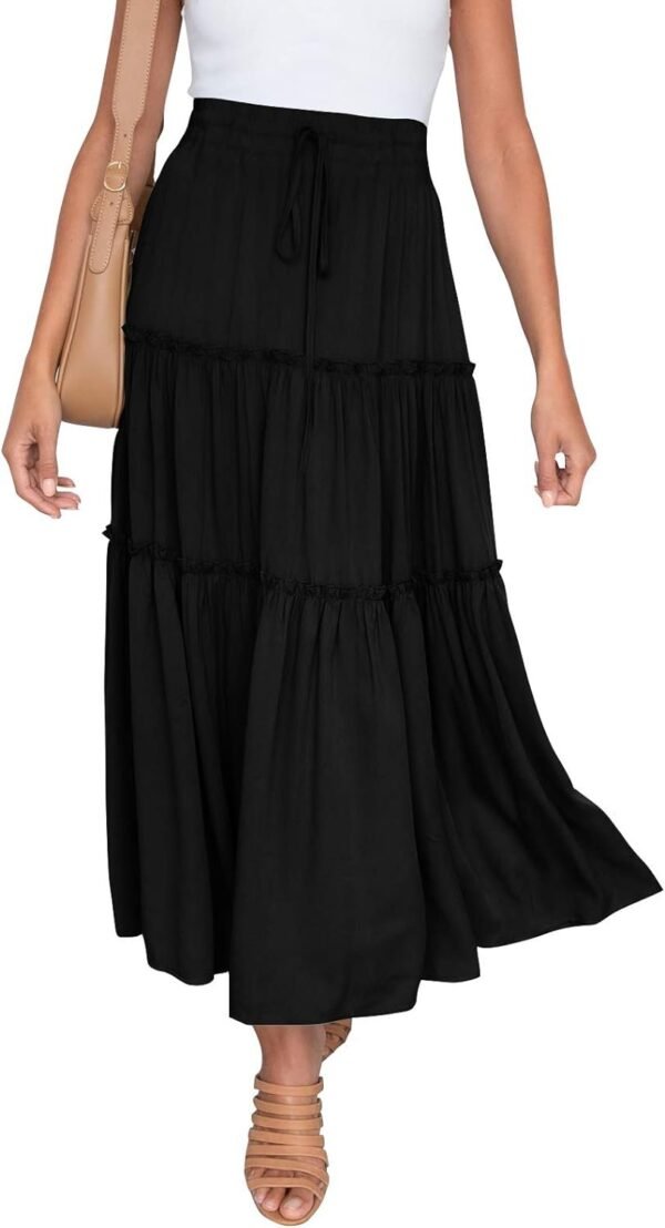 Women's Boho Elastic High Waist A Line Ruffle Swing Beach Maxi Skirt with Pockets