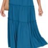 Women's Boho Elastic High Waist A Line Ruffle Swing Beach Maxi Skirt with Pockets