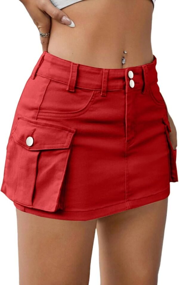 Low Waist Skirt Women Button Mini Denim Skirt with Pocket Mini Skirt