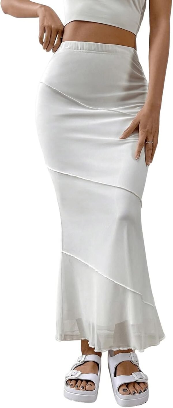 Women's Lettuce Trim High Waist Mesh Fishtail Bodycon Long Skirt