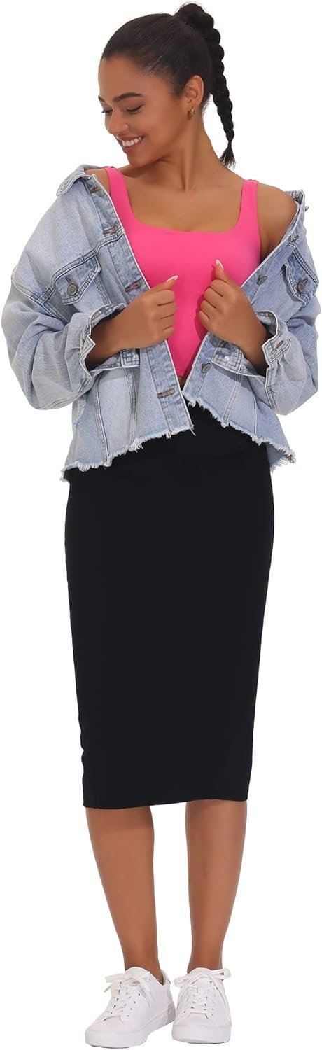 Women's High Waist Tummy Control Pencil Skirts Stretchy Bodycon Midi Skirt below Knee with Back Slit