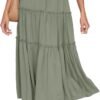 Women's Boho Elastic High Waist A Line Ruffle Swing Beach Maxi Skirt with Pockets
