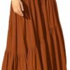 Women's Boho Elastic High Waist Pleated A-Line Flowy Swing Asymmetric Tiered Maxi Long Skirt Dress with Pockets