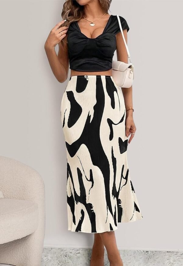 Women's Floral Casual Stretchy High Waisted Knee Length Pleated A Line Plisse Flared Hem Midi Skirt