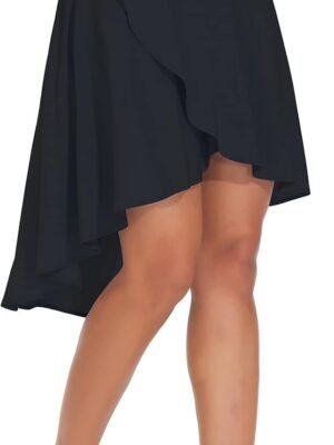 E Women's High Waist Wrap Ruffle Hem Asymmetric Skort High Low Flowy Midi Skirt with Shorts