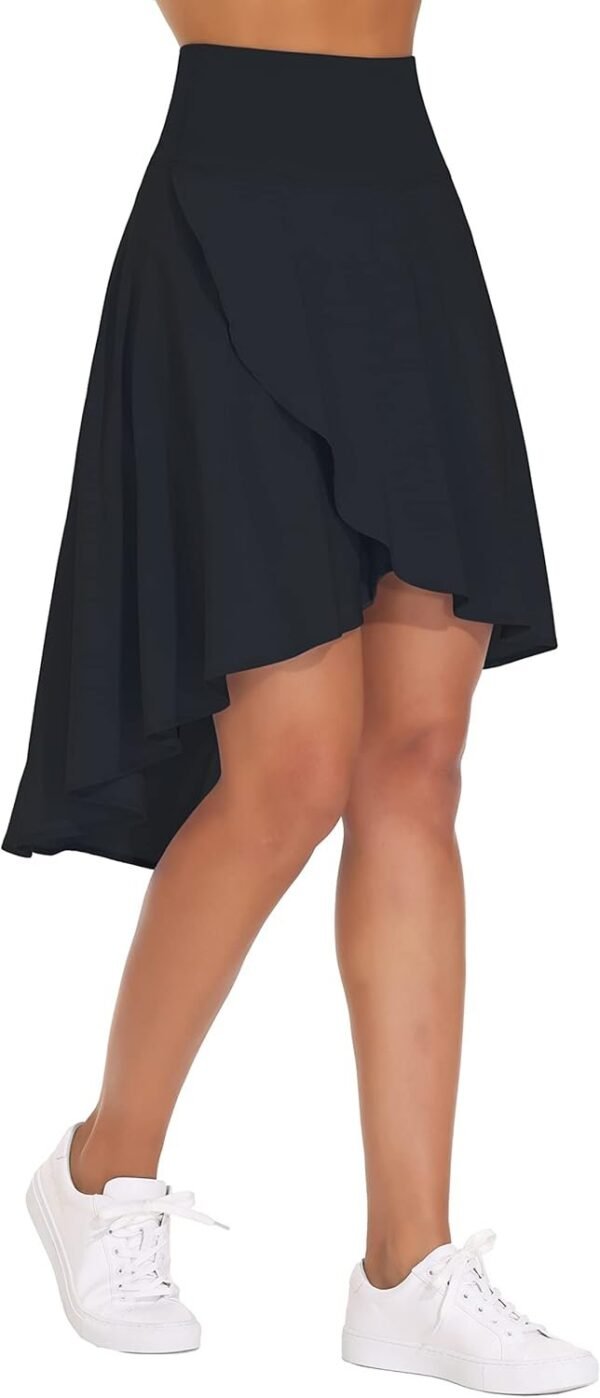 E Women's High Waist Wrap Ruffle Hem Asymmetric Skort High Low Flowy Midi Skirt with Shorts