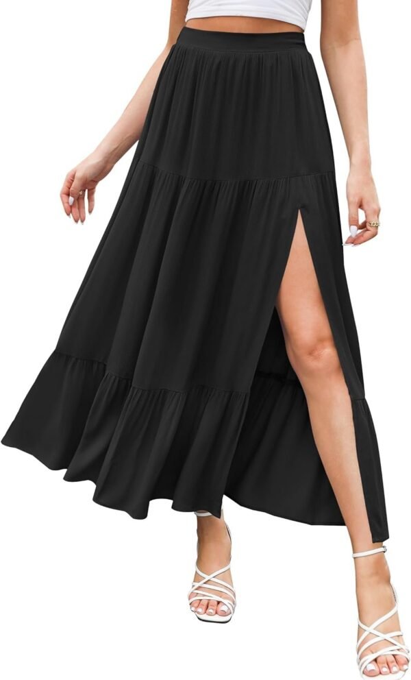 Women's 2024 Summer High Waist Flowy Maxi Skirt High Slit A Line Beach Boho Long Skirts with Pockets