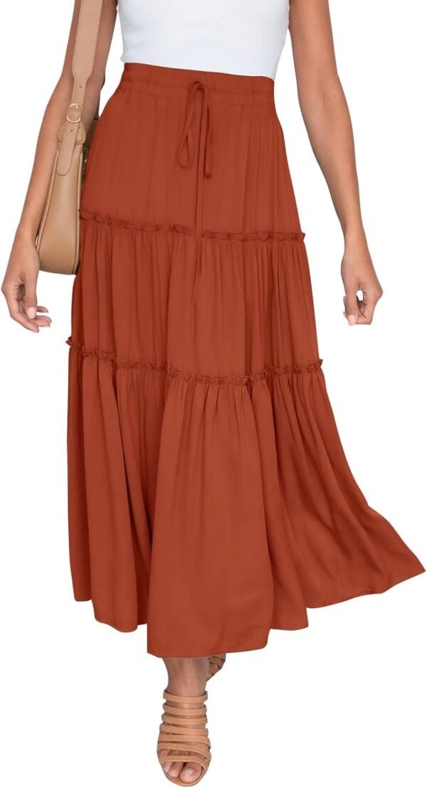 Women's Boho Elastic High Waist A Line Ruffle Swing Beach Maxi Skirt with Pockets