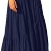 Women's Boho Elastic High Waist Pleated A-Line Flowy Swing Asymmetric Tiered Maxi Long Skirt Dress with Pockets