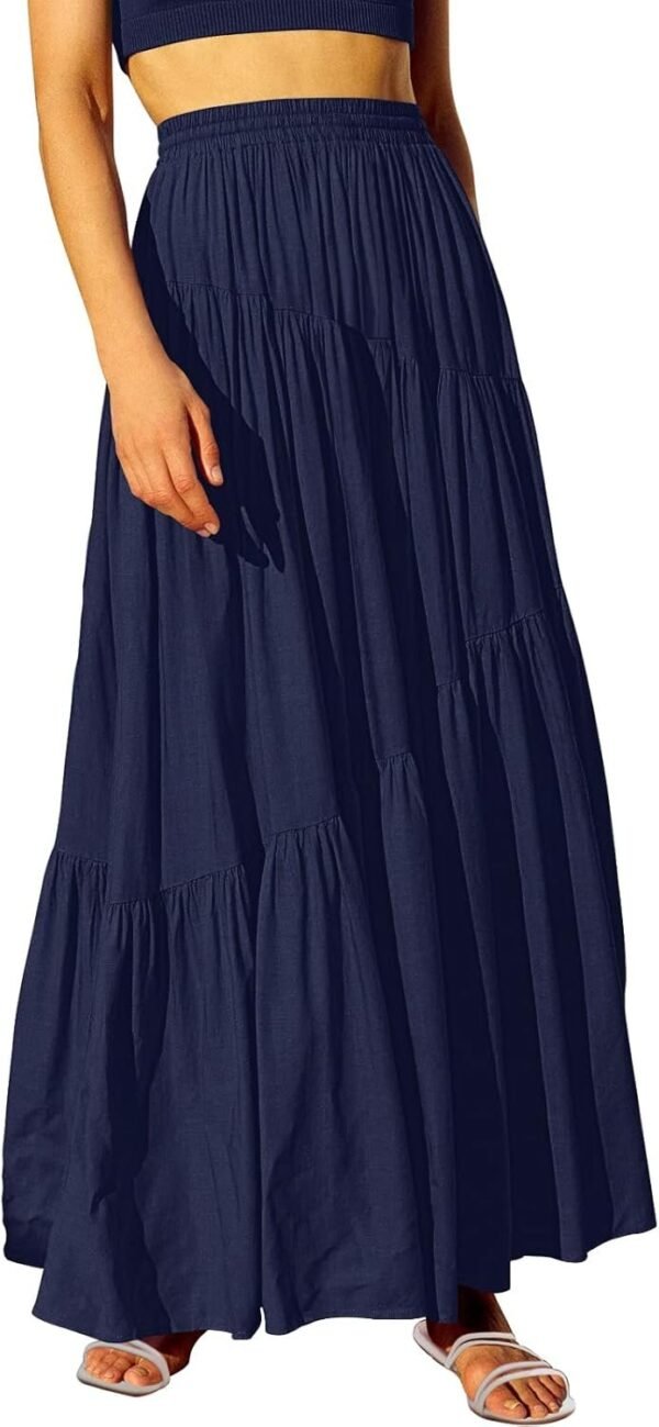 Women's Boho Elastic High Waist Pleated A-Line Flowy Swing Asymmetric Tiered Maxi Long Skirt Dress with Pockets