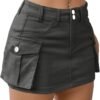 Low Waist Skirt Women Button Mini Denim Skirt with Pocket Mini Skirt