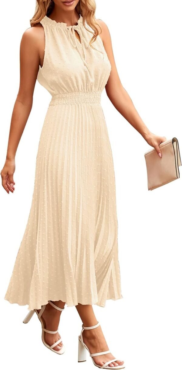 Women's Midi Summer V Neck Swiss Dot Ruffle Sleeveless A Line Beach Sun Dress