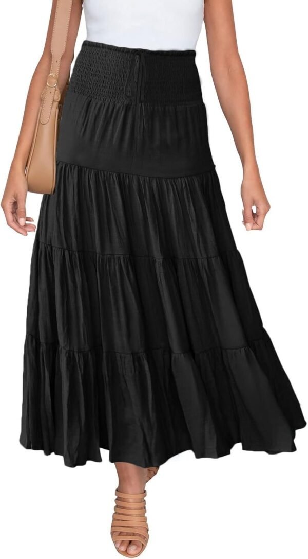 Women's 2024 Summer Elastic High Waist Boho Maxi Skirt Casual Drawstring A Line Flowy Long Skirts