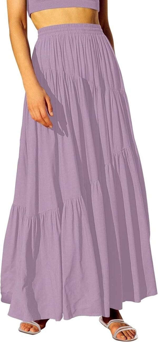 Women's Boho Elastic High Waist Pleated A-Line Flowy Swing Asymmetric Tiered Maxi Long Skirt Dress with Pockets