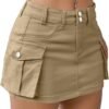 Low Waist Skirt Women Button Mini Denim Skirt with Pocket Mini Skirt