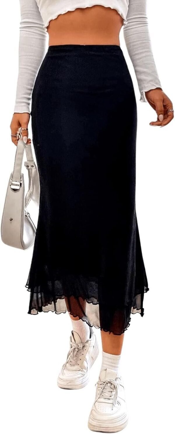 Women's Lettuce Trim High Waist Mesh Fishtail Bodycon Long Skirt