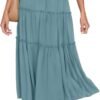 Women's Boho Elastic High Waist A Line Ruffle Swing Beach Maxi Skirt with Pockets