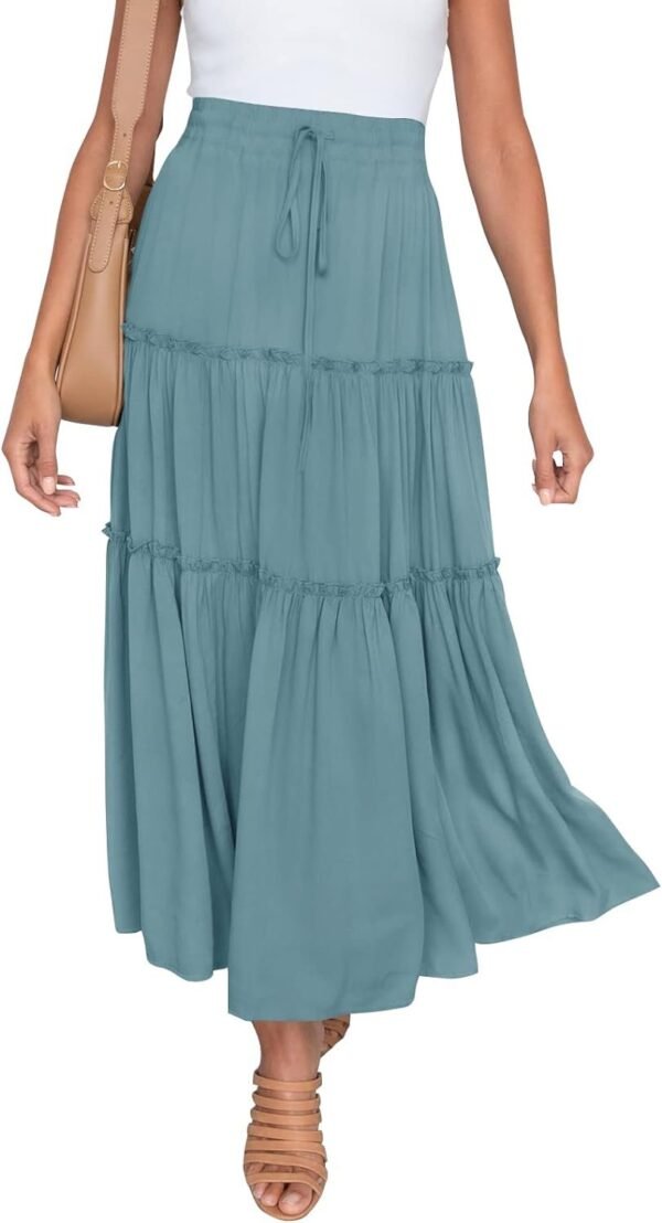 Women's Boho Elastic High Waist A Line Ruffle Swing Beach Maxi Skirt with Pockets