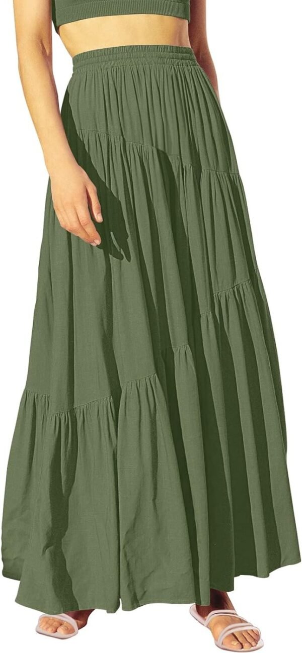 Women's Boho Elastic High Waist Pleated A-Line Flowy Swing Asymmetric Tiered Maxi Long Skirt Dress with Pockets