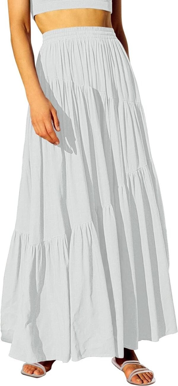 Women's Boho Elastic High Waist Pleated A-Line Flowy Swing Asymmetric Tiered Maxi Long Skirt Dress with Pockets