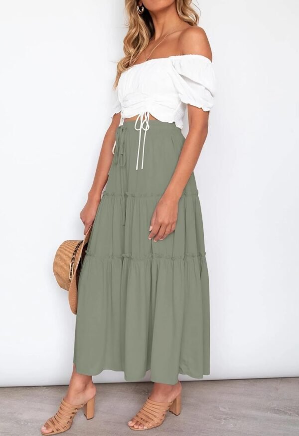 Women's Boho Elastic High Waist A Line Ruffle Swing Beach Maxi Skirt with Pockets