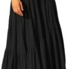 Women's Boho Elastic High Waist Pleated A-Line Flowy Swing Asymmetric Tiered Maxi Long Skirt Dress with Pockets