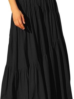 Women's Boho Elastic High Waist Pleated A-Line Flowy Swing Asymmetric Tiered Maxi Long Skirt Dress with Pockets