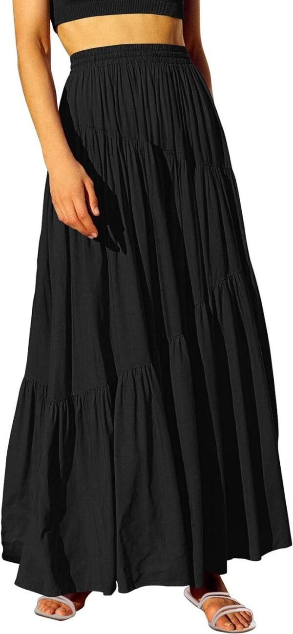 Women's Boho Elastic High Waist Pleated A-Line Flowy Swing Asymmetric Tiered Maxi Long Skirt Dress with Pockets