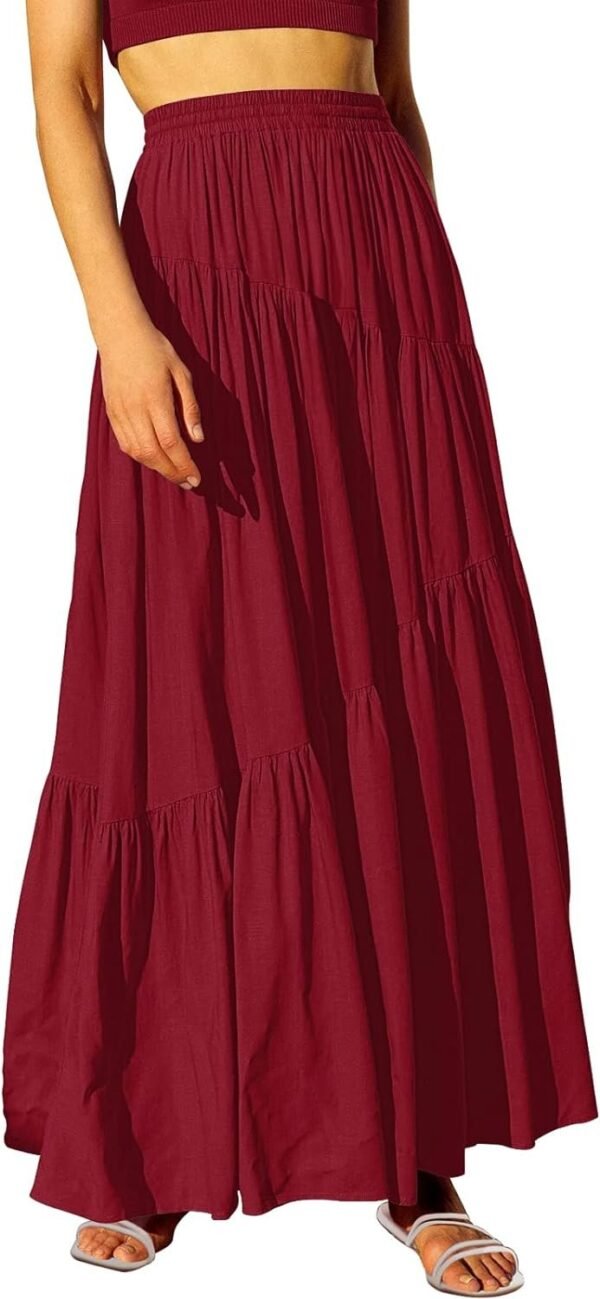 Women's Boho Elastic High Waist Pleated A-Line Flowy Swing Asymmetric Tiered Maxi Long Skirt Dress with Pockets