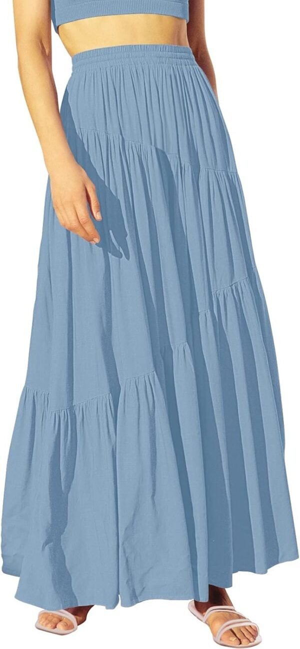 Women's Boho Elastic High Waist Pleated A-Line Flowy Swing Asymmetric Tiered Maxi Long Skirt Dress with Pockets