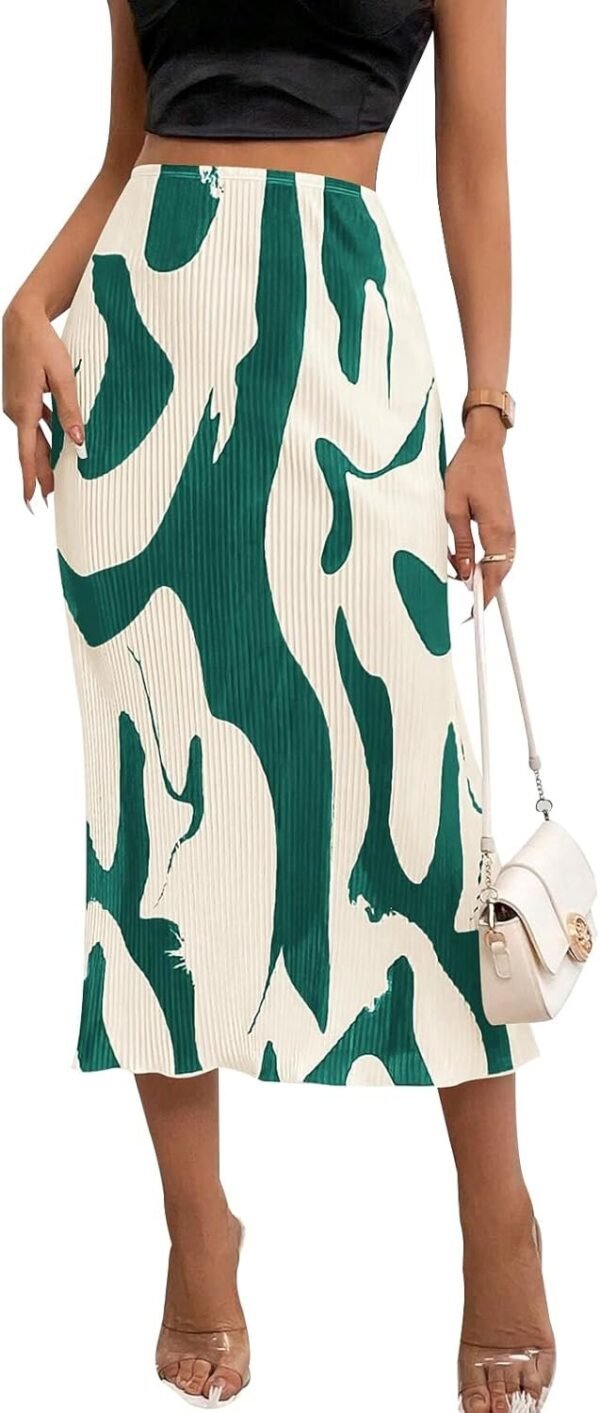 Women's Floral Casual Stretchy High Waisted Knee Length Pleated A Line Plisse Flared Hem Midi Skirt