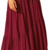 Women's Boho Elastic High Waist Pleated A-Line Flowy Swing Asymmetric Tiered Maxi Long Skirt Dress with Pockets
