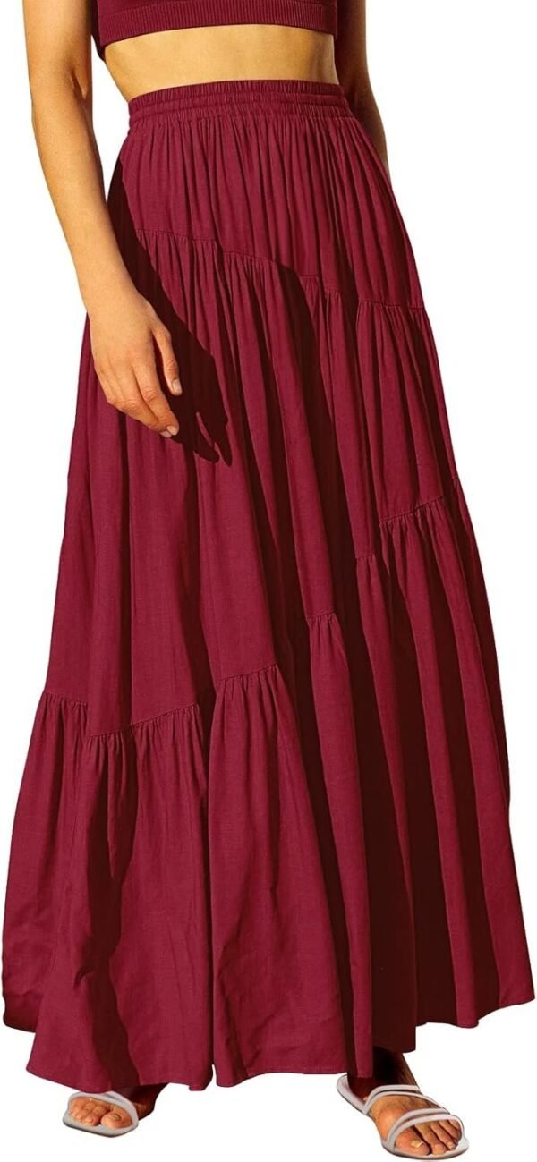 Women's Boho Elastic High Waist Pleated A-Line Flowy Swing Asymmetric Tiered Maxi Long Skirt Dress with Pockets