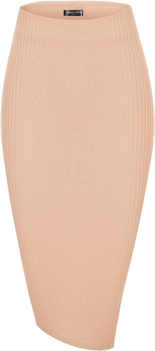Elastic High Waist Knee Length Pencil Skirt Ribbed Knit Basic Tube Midi Skirt