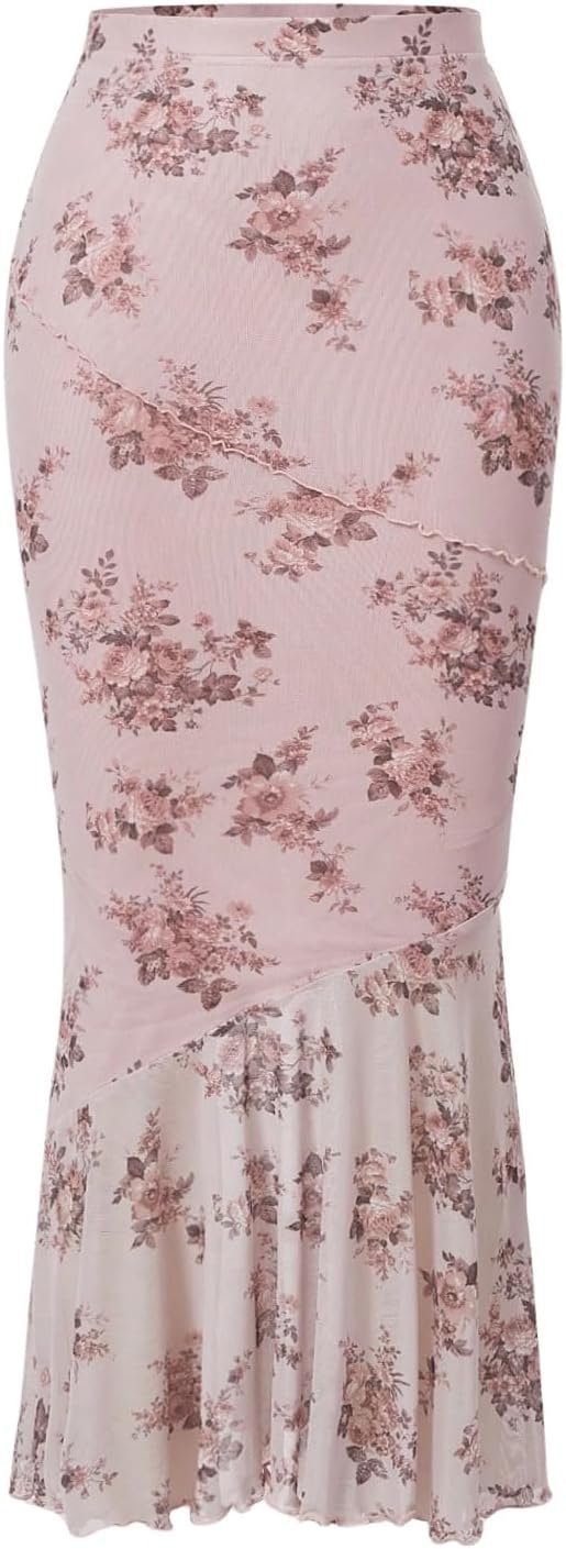 Women's Floral Print High Waist Bodycon Ruffle Hem Fishtail Long Skirt