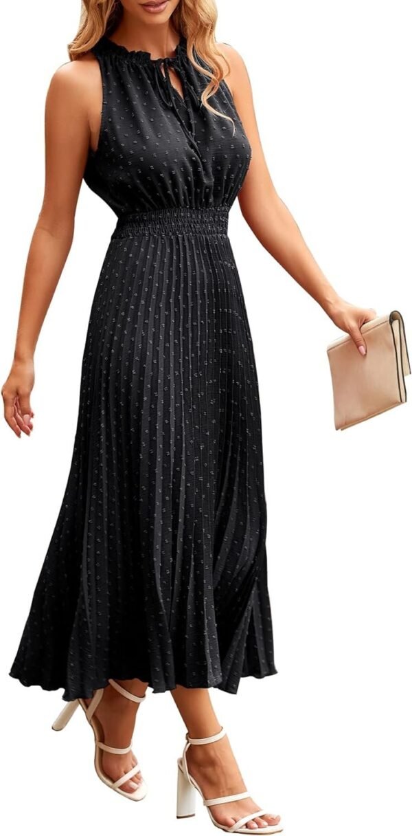 Women's Midi Summer V Neck Swiss Dot Ruffle Sleeveless A Line Beach Sun Dress