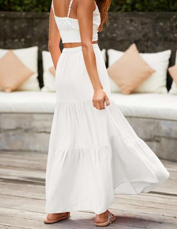 Women's 2024 Summer Boho Elastic High Waist Maxi Skirt A-Line Flowy Ruffle Tiered Long Beach Skirts with Pockets