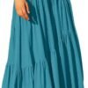 Women's Boho Elastic High Waist Pleated A-Line Flowy Swing Asymmetric Tiered Maxi Long Skirt Dress with Pockets